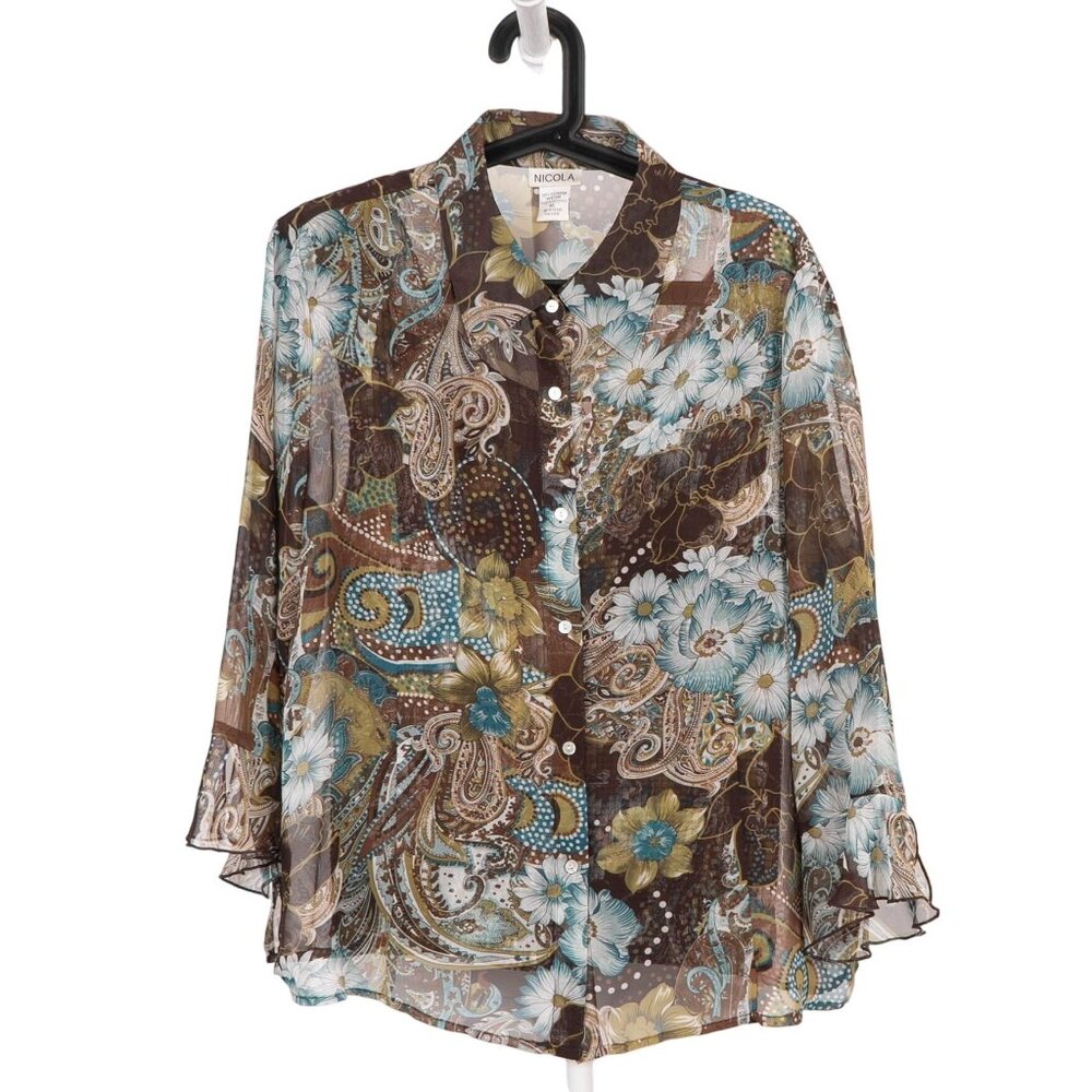Y2K Sheer Blouse Tank Set XL Floral Blue Brown Paisley Boho Gypsy Whimsy Hippie